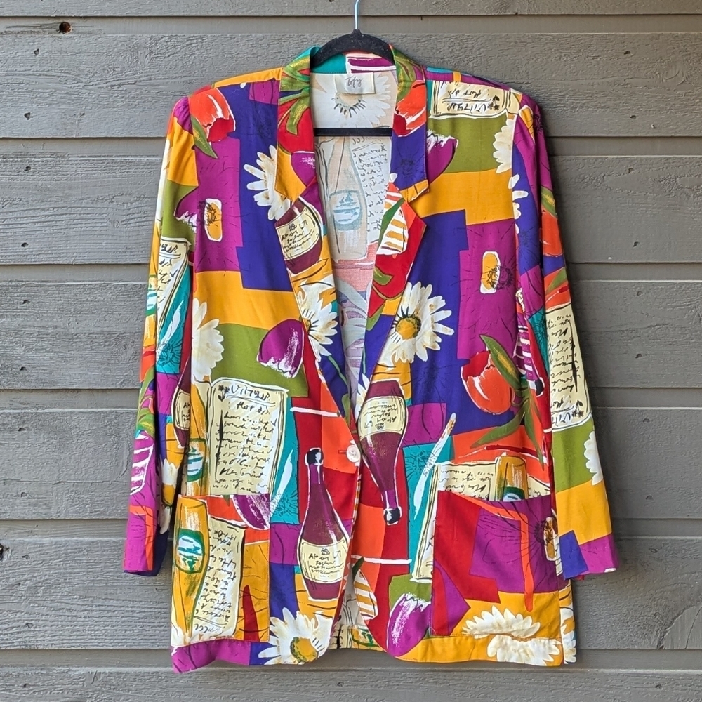 VTG 80s Tofy Colorful Lightweight Blazer Daisies Wine Tulips Size 12
